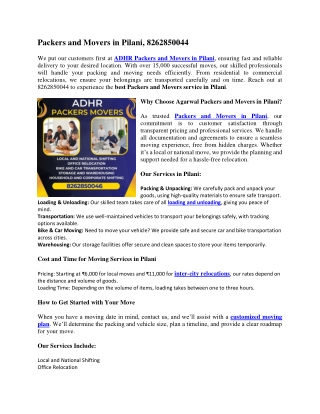 Packers and Movers in Pilani, 8262850044.