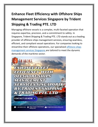 Enhance Fleet Efficiency with Offshore Ships Management Services Singapore by Trident Shipping & Trading PTE. LTD