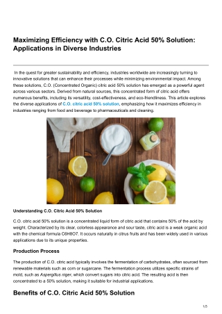 Maximizing Efficiency with CO Citric Acid 50 Solution Applications in Diverse Industries