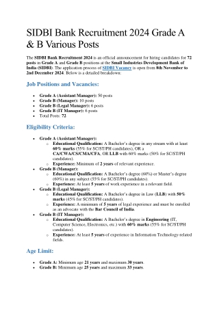 SIDBI Recruitment 2024 Grade A & B Online Form | Check Now