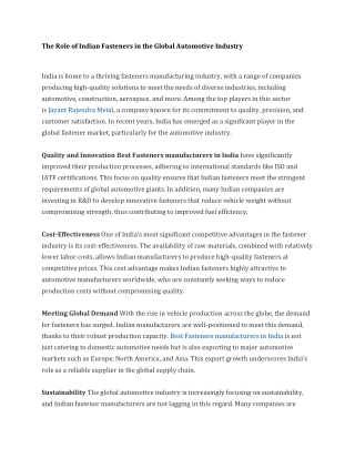 The Role of Indian Fasteners in the Global Automotive Industry