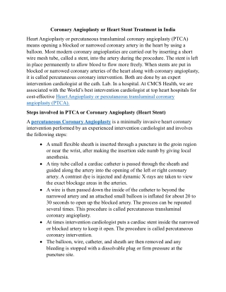 Coronary Angioplasty or Heart Stent Treatment in India