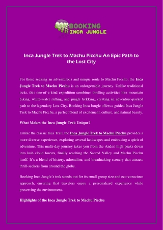 Inca Jungle Trek to Machu Picchu An Epic Path to the Lost City