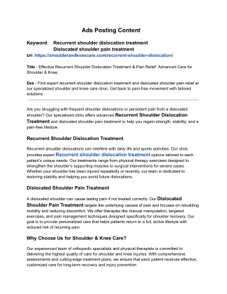 _Effective Recurrent Shoulder Dislocation Treatment & Pain Relief  Advanced Care for Shoulder & Knee