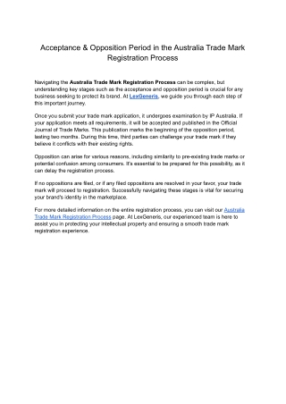 Acceptance & Opposition Period in the Australia Trade Mark Registration Process