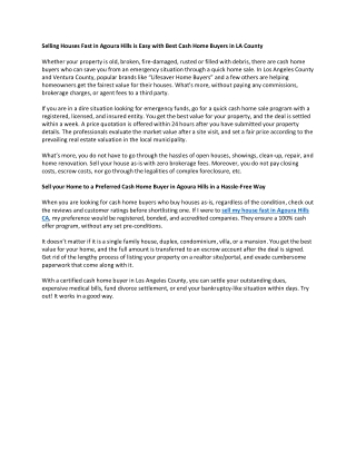 Selling Houses Fast in Agoura Hills is Easy with Best Cash Home Buyers in LA County