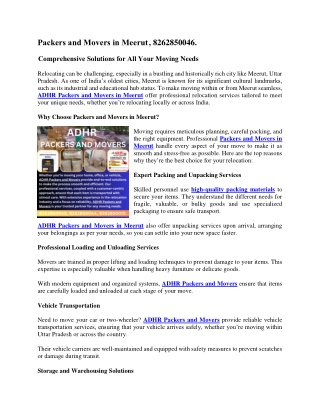 Packers and Movers in Meerut, 8262850010.