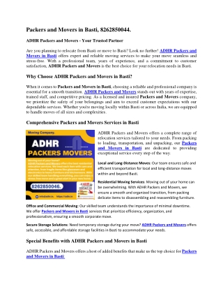 Packers and Movers in Basti, 8262850046.