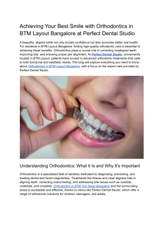 Achieving Your Best Smile with Orthodontics in BTM Layout Bangalore at Perfect Dental Studio
