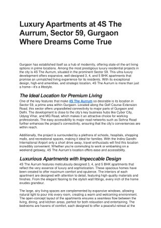 Luxury Apartments at 4S The Aurrum, Sector 59, Gurgaon Where Dreams Come True