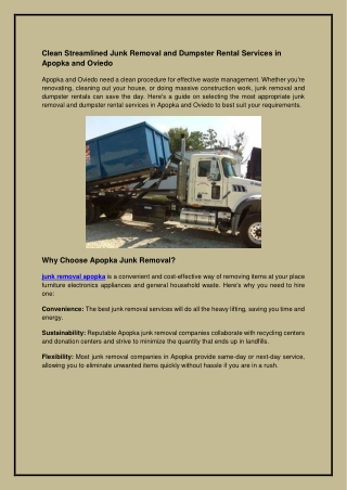 Clean Streamlined Junk Removal and Dumpster Rental Services in Apopka and Oviedo