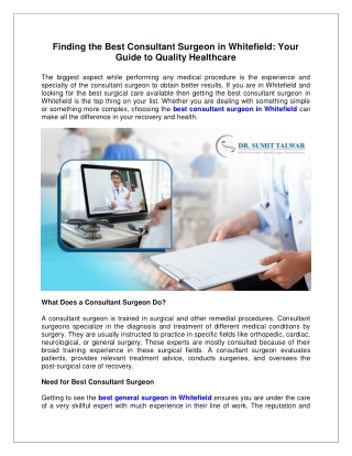 Finding the Best Consultant Surgeon in Whitefield Your Guide to Quality Healthcare