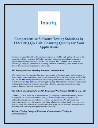 Comprehensive Software Testing Solutions by TESTRIQ QA Lab Ensuring Quality for Your Applications