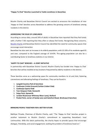 “Happy To Chat” Benches Launched to Tackle Loneliness in Bassetlaw