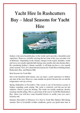 Yacht Hire In Rushcutters Bay – Ideal Seasons for Yacht Hire
