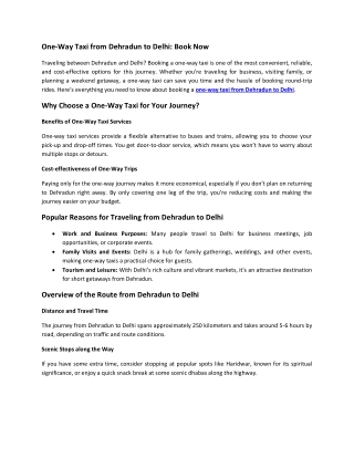 One-way Taxi from Dehradun to Delhi | Call 9871337888