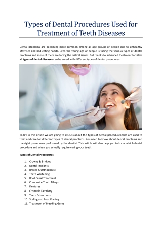 Types of Dental Procedures Used for Treatment of Teeth Diseases