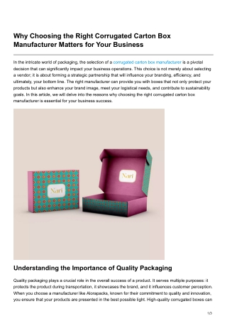 Why Choosing the Right Corrugated Carton Box Manufacturer Matters for Your Business