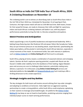 South Africa vs India 3rd T20I India Tour of South Africa, 2024