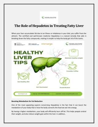 The role of Hepadetox in treating fatty liver