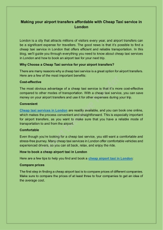 Making your airport transfers affordable with Cheap Taxi service in London