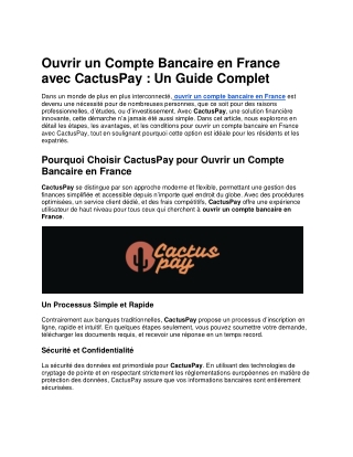 Ouvrir un Compte Bancaire en France avec CactusPay