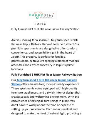 Fully Furnished 3 BHK Flat near jaipur Railway Station