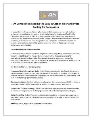 JSM Composites Leading the Way in Carbon Fiber and Proto-Tooling for Composites