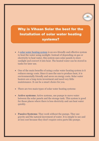 Why is Vihaan Solar the best for the Installation of solar water heating systems