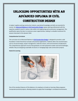 Unlocking Opportunities with an Advanced Diploma in Civil Construction Design