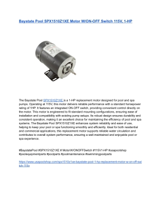 Baystate Pool SPX1510Z1XE Motor W_ON-OFF Switch 115V, 1-HP