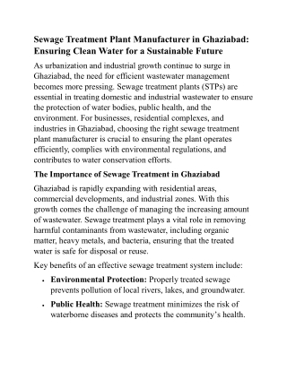 Top Sewage Treatment Plant Manufacturer in Ghaziabad