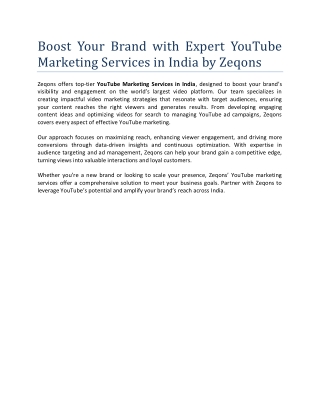 Boost Your Brand with Expert YouTube Marketing Services in India by Zeqons