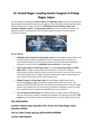 Dr. Anand Nagar: Expert Gastro Surgeon in Jaipur Specializing in HPB Surgery