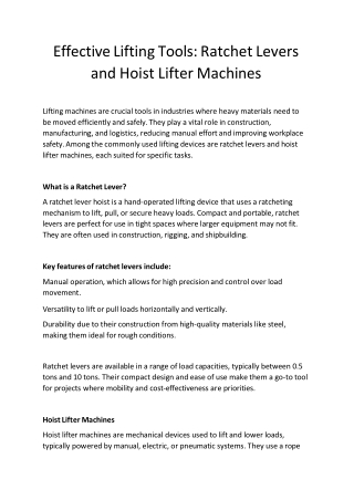 Effective Lifting Tools: Ratchet Levers and Hoist Lifter Machines