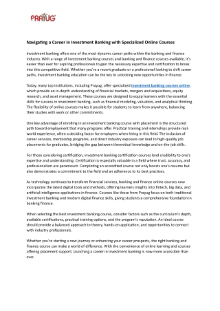 Navigating a Career in Investment Banking with Specialized Online Courses