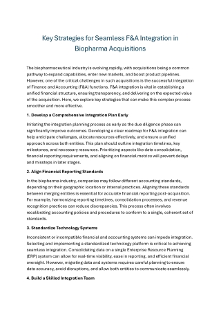 F&A Integration in Biopharma Post-Acquisition Excellence