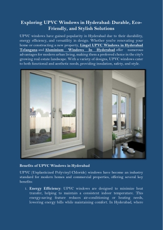 Exploring UPVC Windows in Hyderabad Durable, Eco-Friendly, and Stylish Solutions
