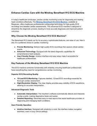 Enhance Cardiac Care with the Mindray BeneHeart R12 ECG Machine