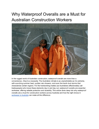 Why Waterproof Overalls are a Must for Australian Construction Workers