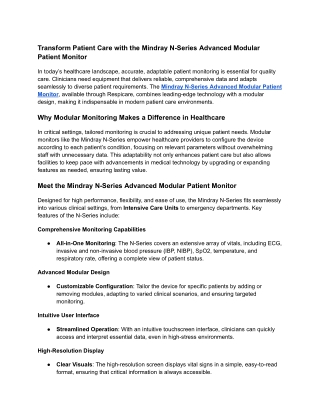Transform Patient Care with the Mindray N-Series Advanced Modular Patient Monitor