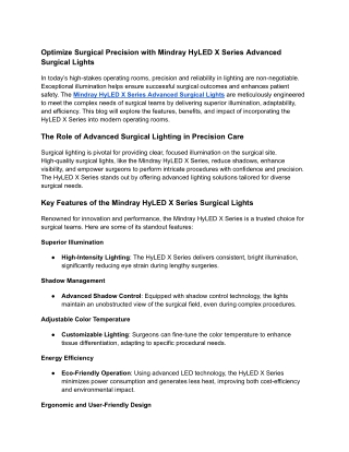 Optimize Surgical Precision with Mindray HyLED X Series Advanced Surgical Lights