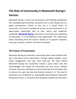 Mammoth Racing’s Grassroots Movement