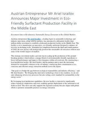 Austrian Entrepreneur Mr Ariel Israilov Announces Major Investment in Eco-Friend