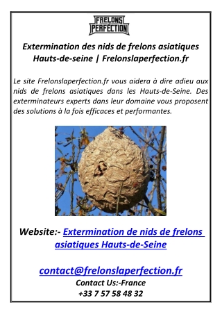Extermination des nids de frelons asiatiques Hauts-de-seine  Frelonslaperfection.fr