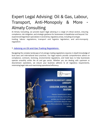Expert Legal Advising Oil & Gas, Labour, Transport, Anti-Monopoly & More - Almaty Consulting