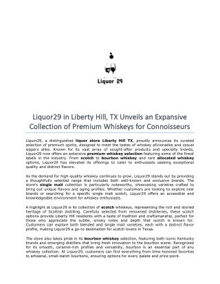 Liquor29 in Liberty Hill, TX Unveils an Expansive Collection of Premium Whiskeys for Connoisseurs