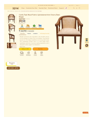 Comfy Teak Wood Fabric Upholstered Arm Chairs