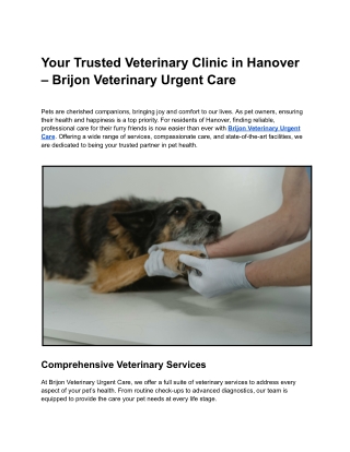 Your Trusted Veterinary Clinic in Hanover – Brijon Veterinary Urgent Care