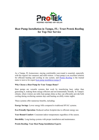 Top-Quality Heat Pump Repair in Tampa – Trust Protek Roofing for Reliable Servic